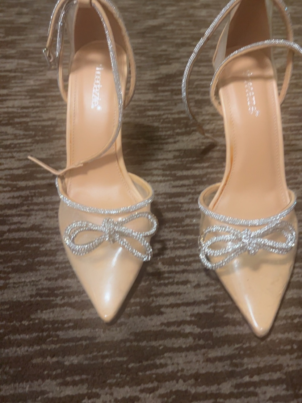 Shoe Dazzle Nude Pointed Ankle-Strap Heels with Silver Bow Trim